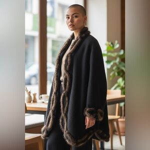 Cache Vintage 80s Angora Sweater Jacket with Brown Fur Trim Women’s OS